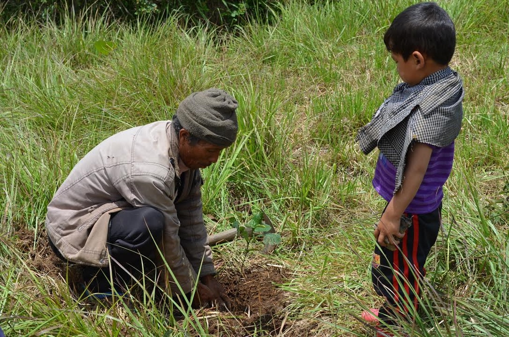 Elder of Mawhiang teaching a child of the village the correct way to plant trees. Photo: Raisa Daimary/NESFAS