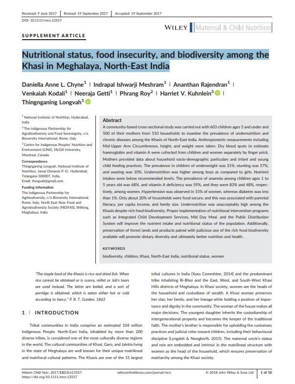 NIN-Nutritional status, food insecurity, and biodiversity among the Khasi in Meghalaya, North‐East India thumbnail
